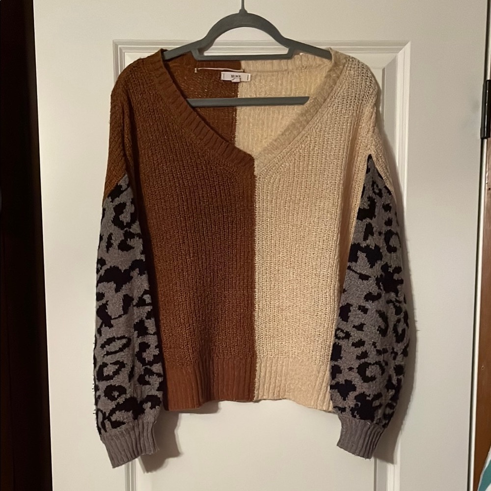 Mine Brown and Cream V-Neck Sweater with Animal Print Sleeves
